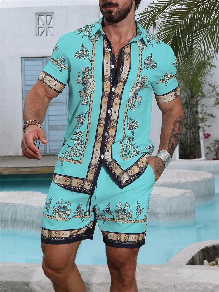 2025 Mens Shortsleeved Shirt Set With Blue Retro Pattern Print For Casual Fashionable And Daily Summer Vacation 250823