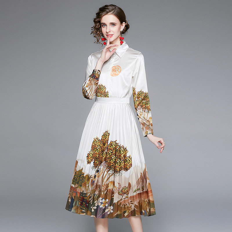 free shipping designer dresses Autumn light luxury fashion set high-end printed loose shirt pleated skirt two-piece set