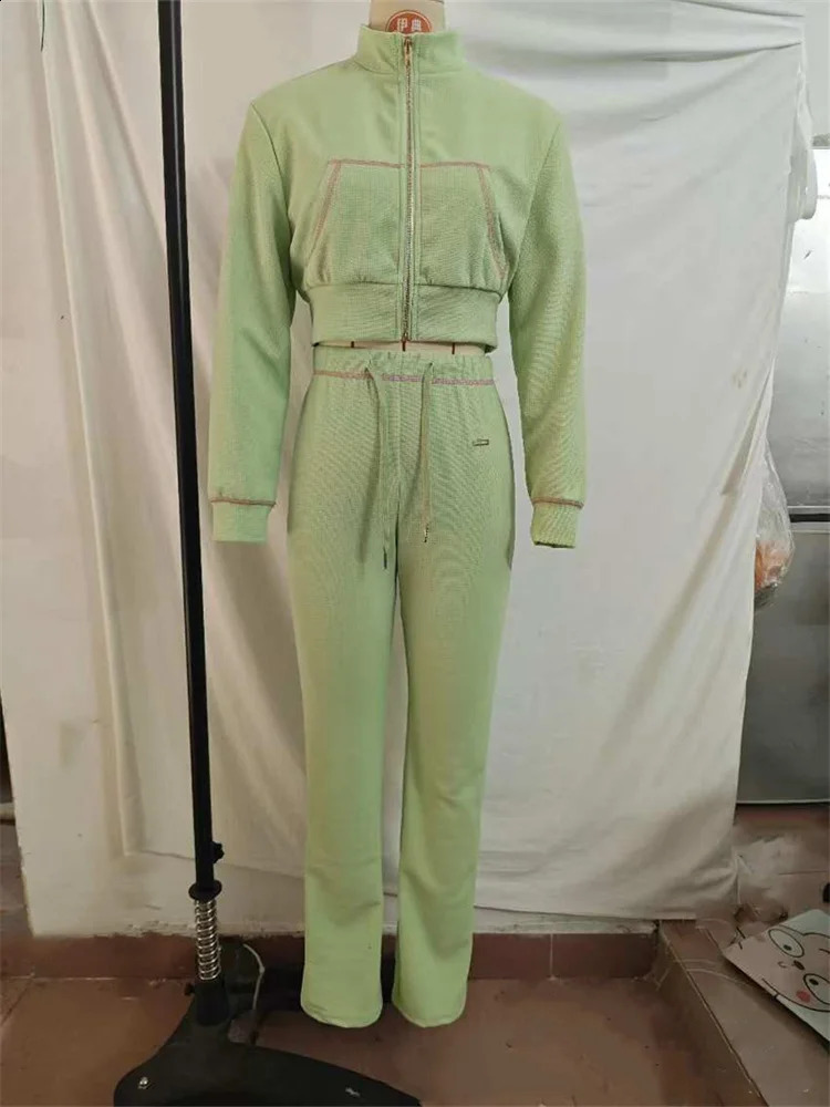 Autumn Long Sleeves Zipper Crop top Suits Tracksuits Womens Suits Casual Pants Blue waffle 2 Piece Sets Sweatshirt 250823 - view 6