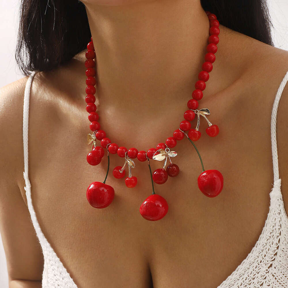 Cute summer beaded cherry pendant necklace Exquisite Luxury Necklace for Women Girl Jewelry Silver Pendant Necklaces Valentine's Day Birthday Gif