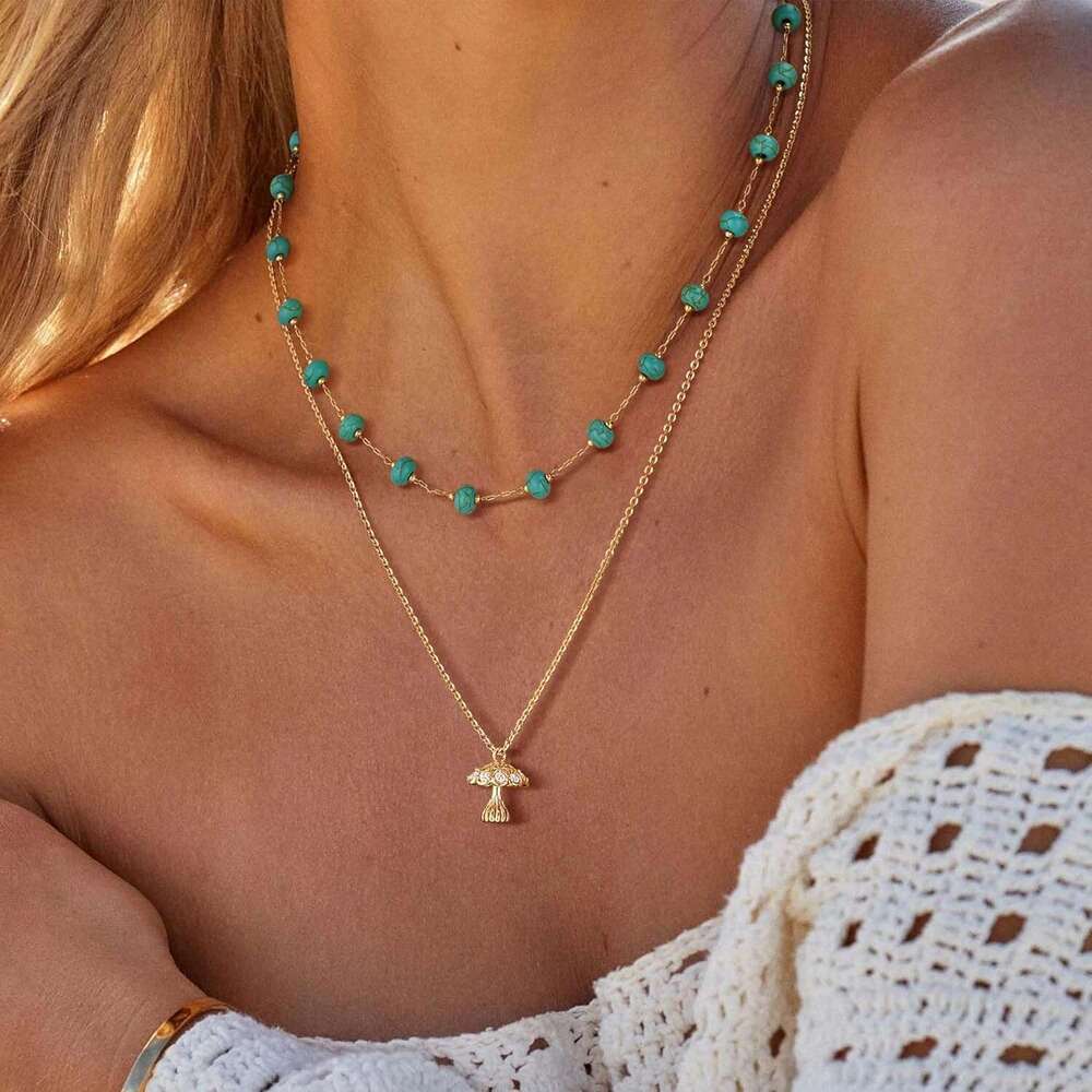 Created Turquoise Necklace for Women 14K Gold Plated Beaded Heart Choker Boho Necklaces Handmade Beach Summer Everyday Western Jewelry Gifts