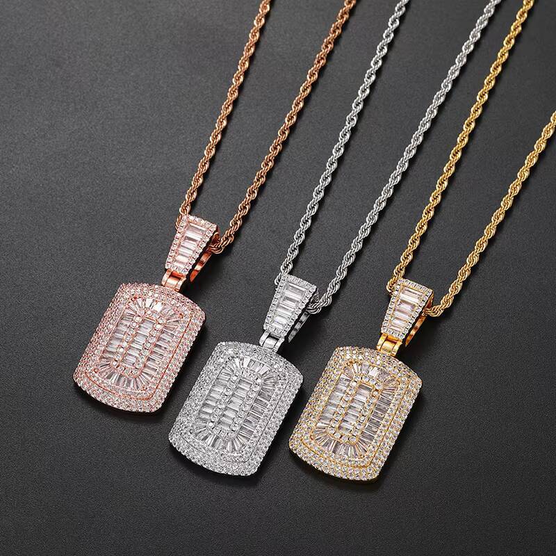 Hip Hop Full Diamond Pendant Charming Baguette Stone Rope Chain Pendant 18K Gold Plated Iced Out Necklace Jewelry