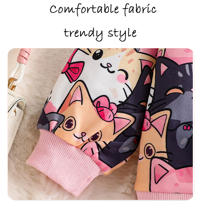 Kids Girls Trendy Cartoon Cat Graphic Long Sleeve hoodie with Matching Jeans Two-Piece Outfit for Fall/Spring - KJ1C4898A
