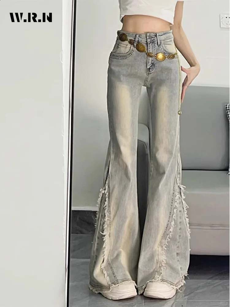 Vintage Casual Trashy Flared Pants Womens Y2K Tassels Full Length Denim Trouser Strt Retro Grunge 2000s High Waist Jeans Z260313
