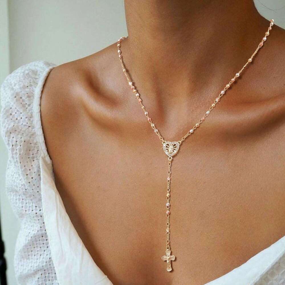 Women's Virgin Mary Necklace - 14k Plated Bead Cross Necklaces,Hypoallergenic Non Tarnish Gold Catholic Y Chain Necklace,Religious Rosary Beads C