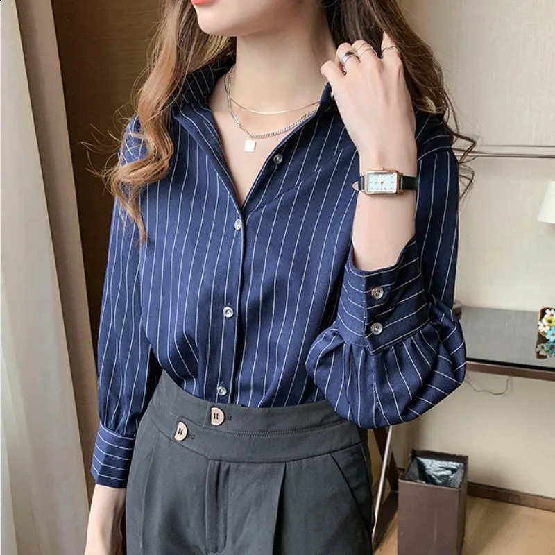 Striped Shirt Women Summer Vintage Chic Loose Blouse Y2K Office Ladies Fashion Casual Turn Down Collar All Match 250823