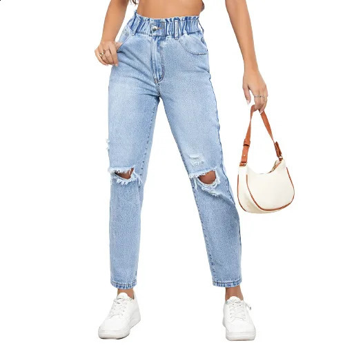 Japan and South Korea Casual Washed Ripped Jeans for Women Spring Summer Straight Nine Minutes of Pants Z260313