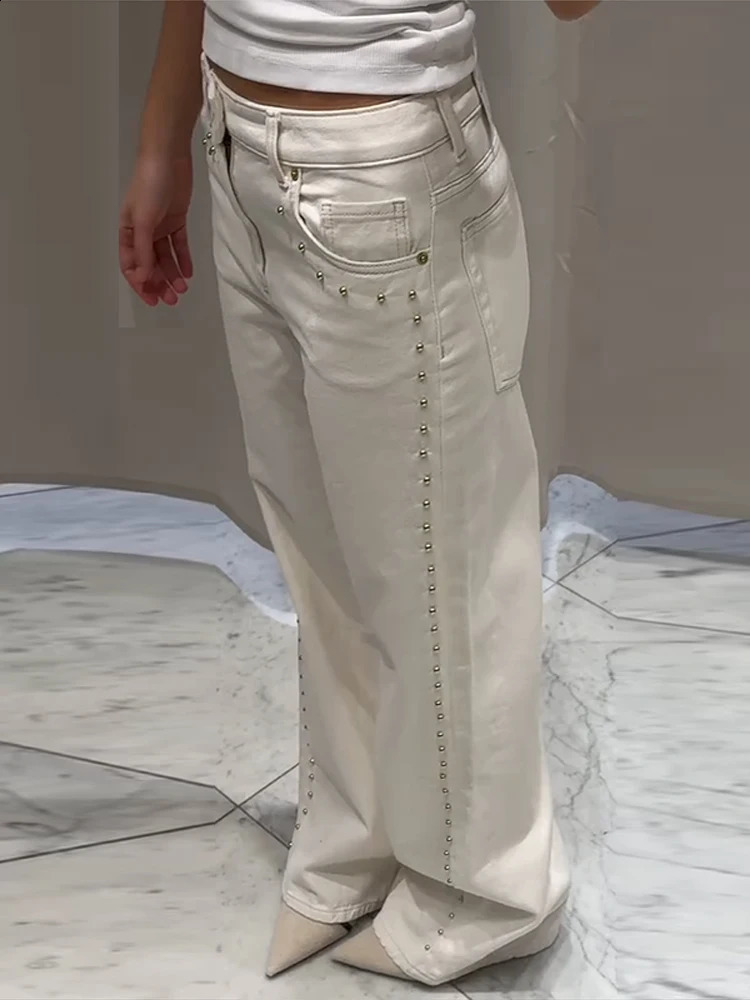 Womens Denim Beaded Jean Vintage High Waisted Pockets Zipper Button Female Streetwear Spring Summer Y2K Lady Trousers Z260313