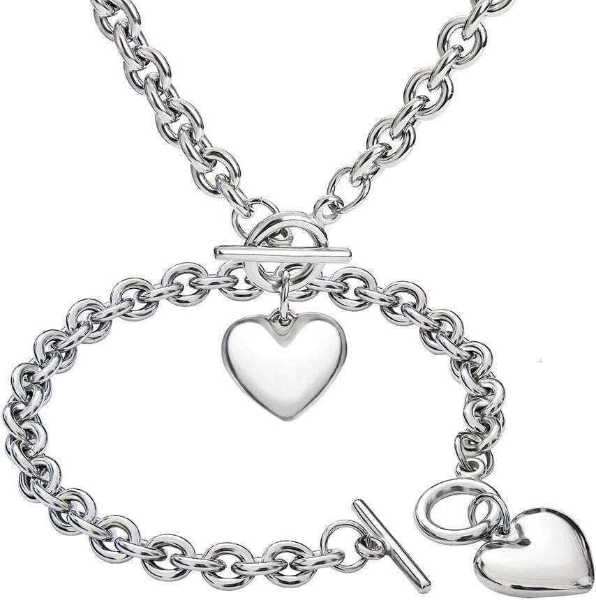 Sier Rose Gold Plated Charm Chunky Stainless Steel Chain Heart Toggle Choker Bracelet Necklace for Womens Fashion Valentine Jewelry Set