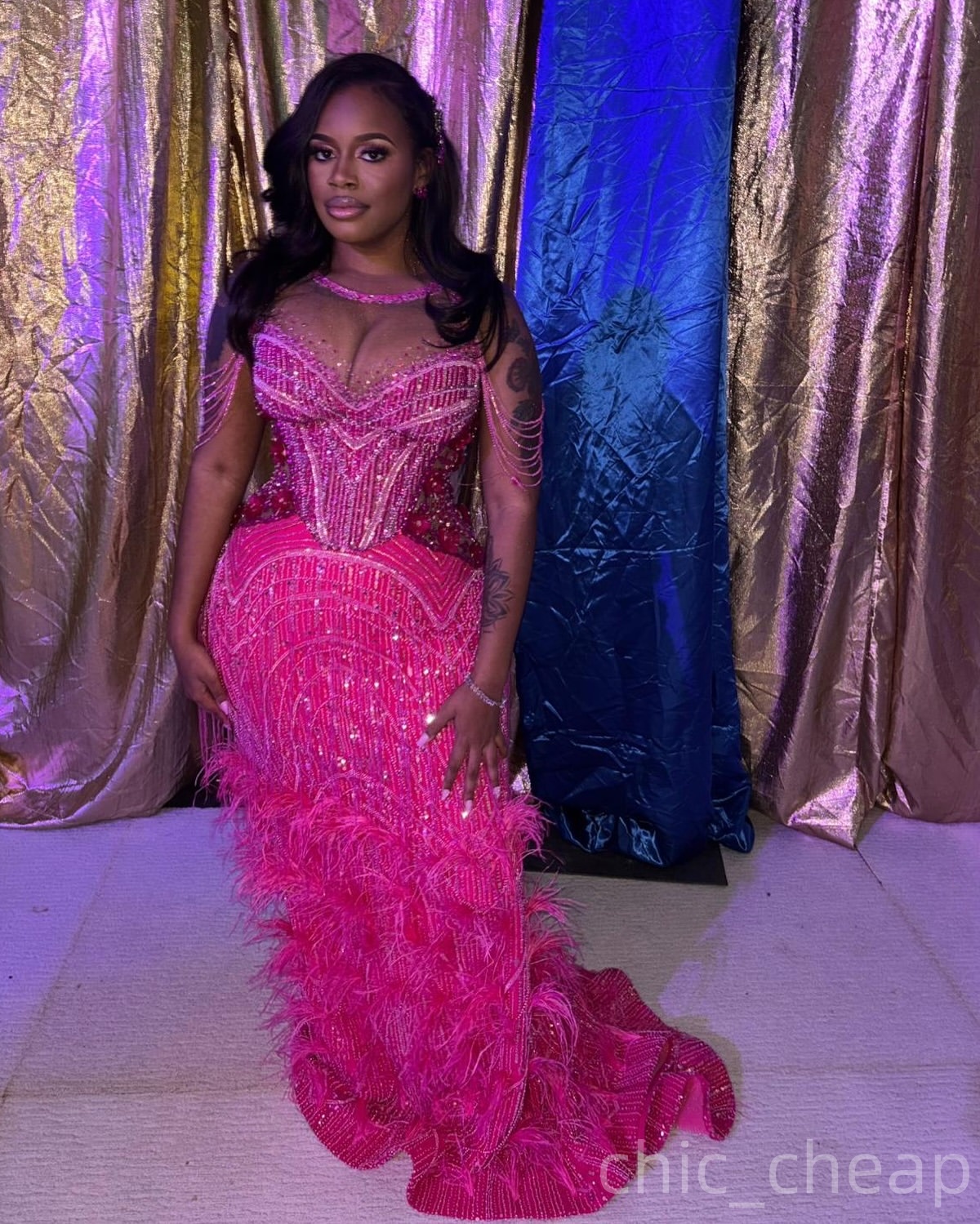 Mermaid Fuchsia Prom Dresses 2025 Beaded Flowers Feather Sparkly Evening Formal Party Second Birthday Engagement Gowns Plus Size Dress For Special Occ