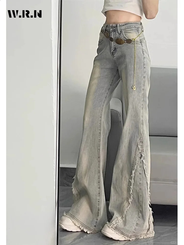 Vintage Casual Trashy Flared Pants Womens Y2K Tassels Full Length Denim Trouser Strt Retro Grunge 2000s High Waist Jeans Z260313