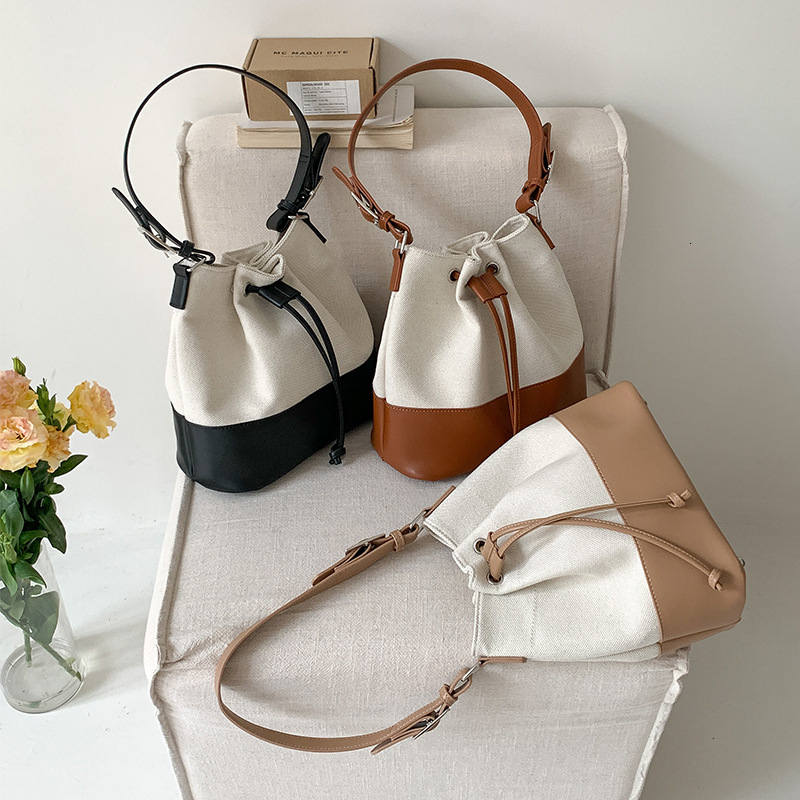 Korean Style Fashion Large Luxury Bag Capacity Canvas Patchwork Drawstring Bucket Designer Bag Bag Women's Versatile Casual Shoulder Bag Women�