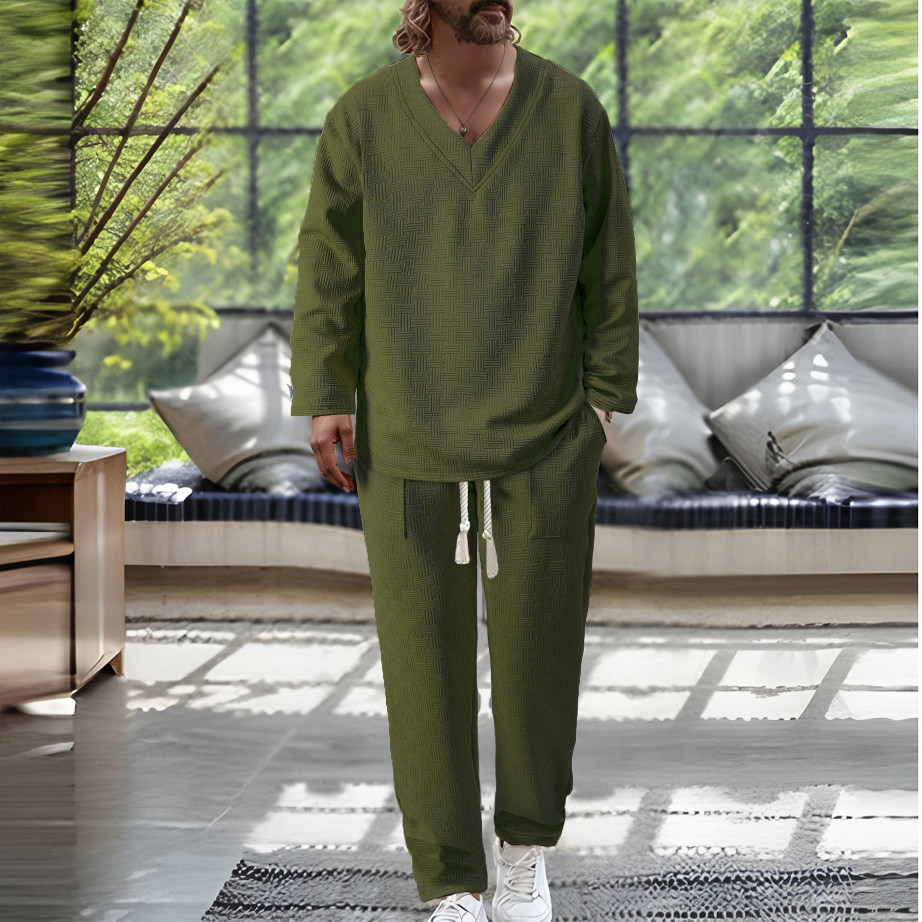 New Men Sportswear V Neck Suit Jacquard tracksuits Fashion Tracksuit Male Casual Sports Sets 2PC Jacket Pants Spring Autumn Running Clothing Tracksuit