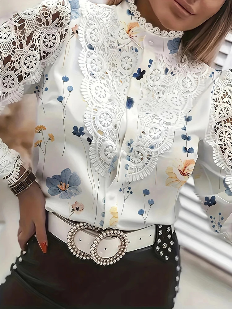 Shirts Elegant Office Ladies White Collared Lace Patchwork Hollow Out Button Up Womens Tops And Blouses 2025 Fashion Blouse 250823