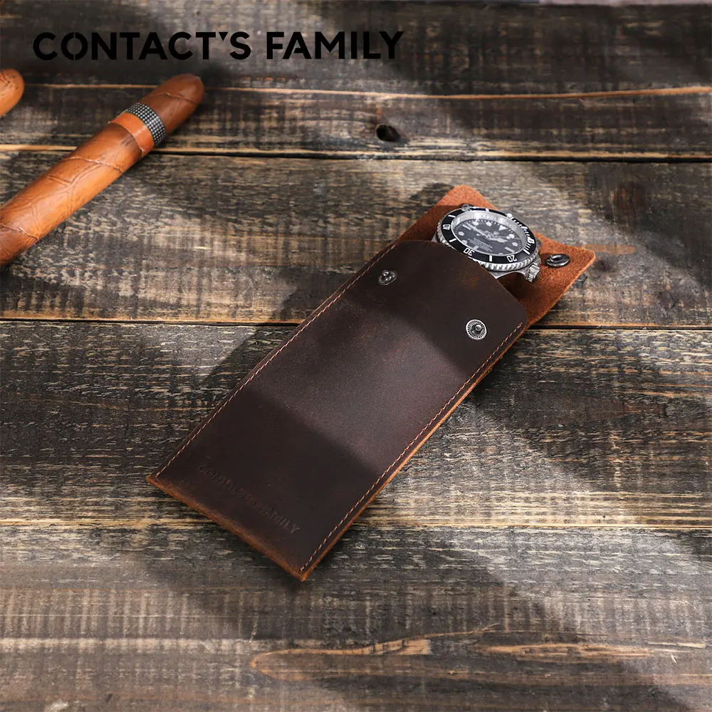 CONTACTS FAMILY Vintage Genuine Leather Watch Storage Organizer Protective Bag with Cover Travel Portable Leather Watch Pouch 250818