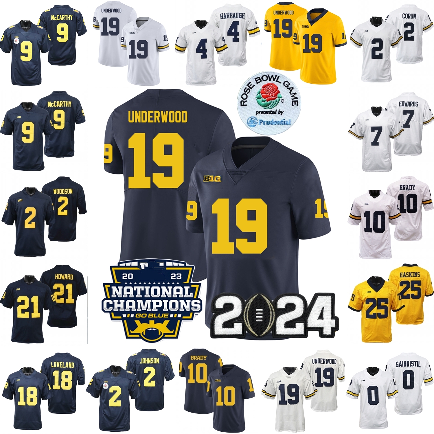 College Football Jersey Underwood Jaishawn Barham J.J. McCarthy Justice Haynes Derrick Moore Tom Brady Woodson Edwards Loveland Prieskorn Marshall Howard Johnson