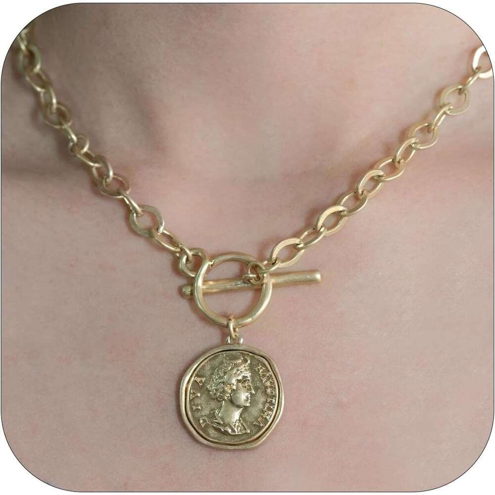 Chunky Gold Coin Pendant Necklace Trendy Layered Statement Chain Women, Antique Toggle Design with Thick Link, Fashionable Necklaces for Women