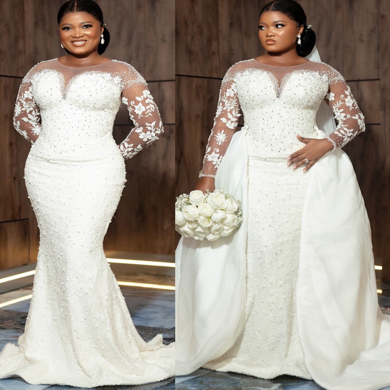 2025 Aso Ebi Plus Size Ivory Mermaid Wedding Dress Lace Pearls Beaded Full Sleeves Detachable Train Vintage Bridal Gowns Dresses ZJ0685