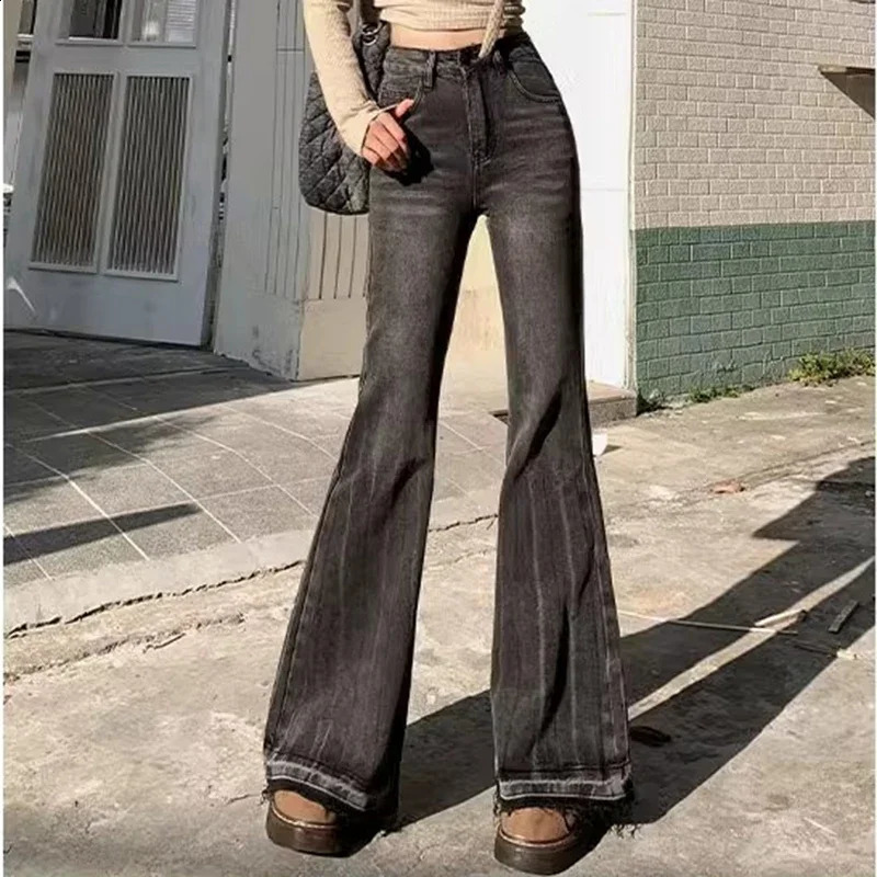 Woman High Waist Vintage Casual Flare Jeans Elastic Slim Fit Bell Bottom Pants Lady Blue Black Grey Denim Trousers Z260313
