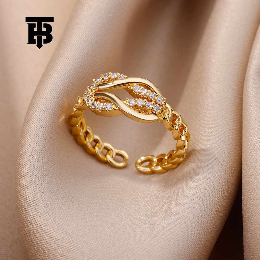 TB BHULAMTE European And American Fashion New Zirconia Inlaid Chain Geometric Ring 18K Light Luxury Designer Adjustable Open Women's Ring Jewelry