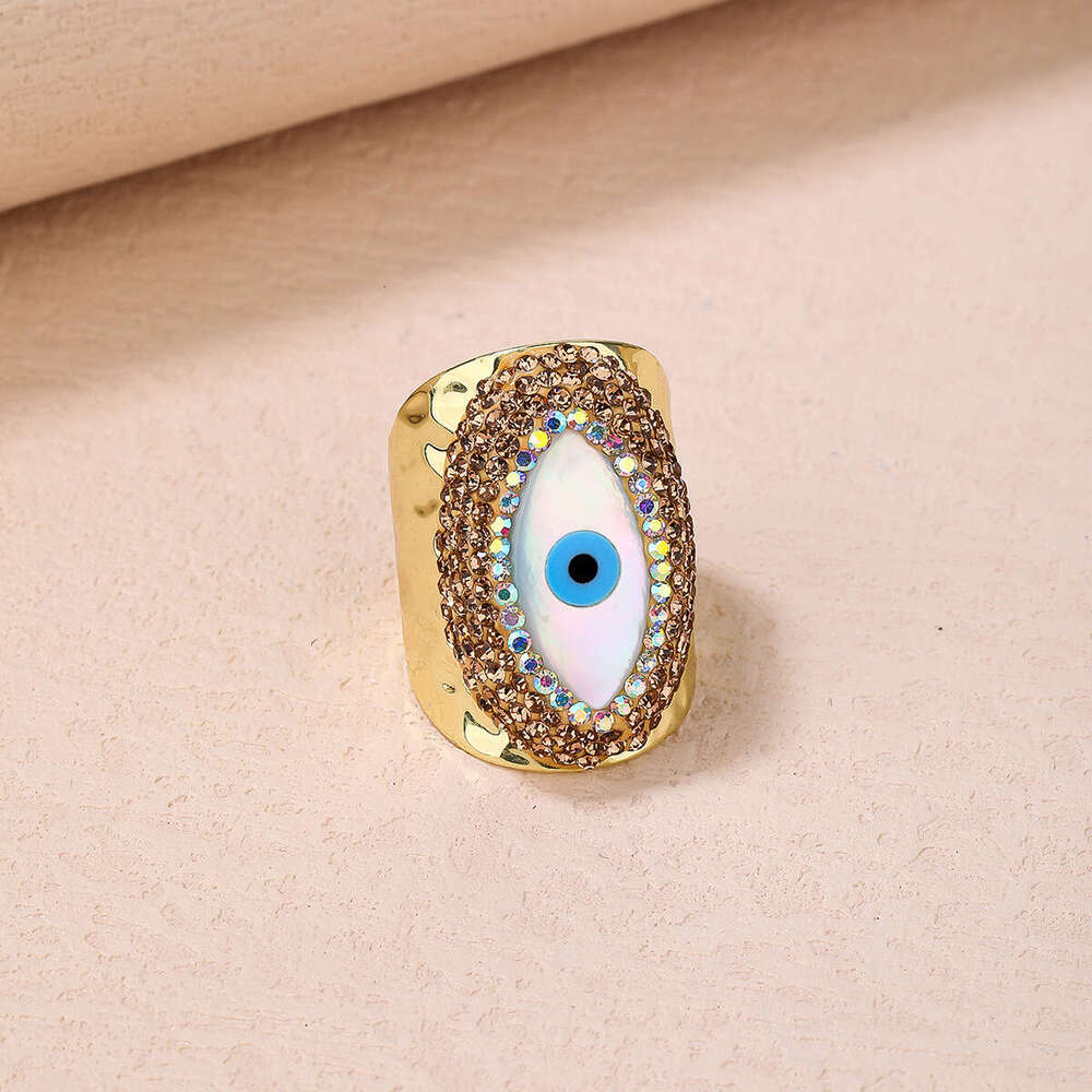 luxury Turkish Fashion Style Shell Eye Mud Inlaid Diamond Adjustable Electroplated Gold Personality Ring Turkish Eye bague