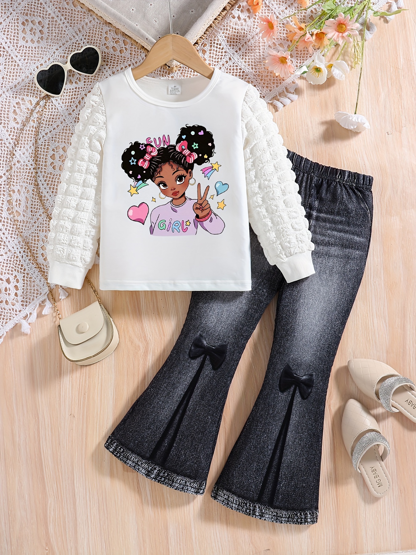 Girls' Set with Round Neck Bubble Sleeve Top & Bell Bottom Denim Pants Multiple colors available - KJ1C4230A/B/C
