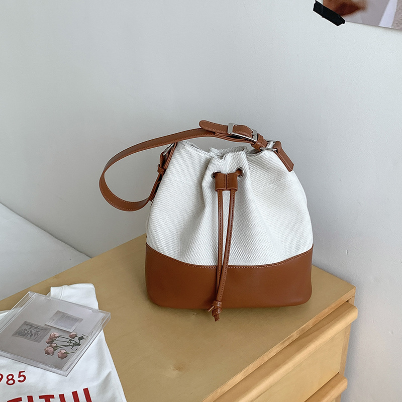 Korean Style Fashion Large Luxury Bag Capacity Canvas Patchwork Drawstring Bucket Designer Bag Bag Women's Versatile Casual Shoulder Bag Women�