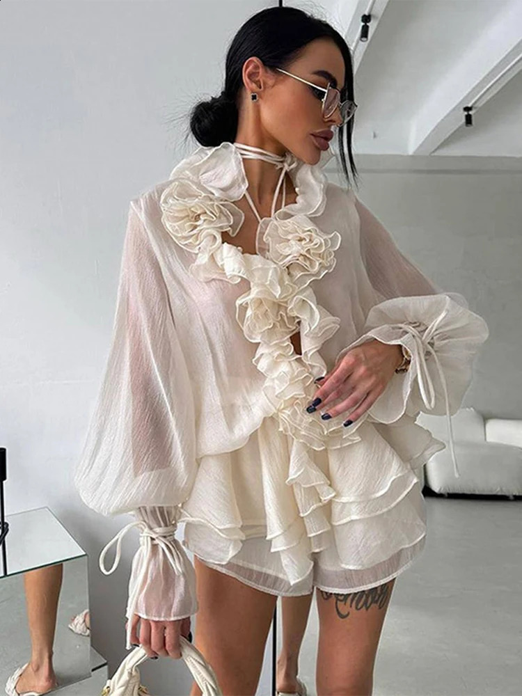 Elegant 3D Flower Ruffle Shirt Shorts Sets Women Lace Up Long Sleeve V-neck Top Elastic Waist Shorts Summer Chic Lady Suits 250823