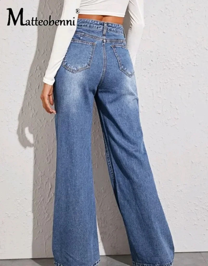 Fashion High Waist Straight Jeans Women Autumn Blue Casual Loose Wide Leg Trousers Striped Palazzo Pants Z260313
