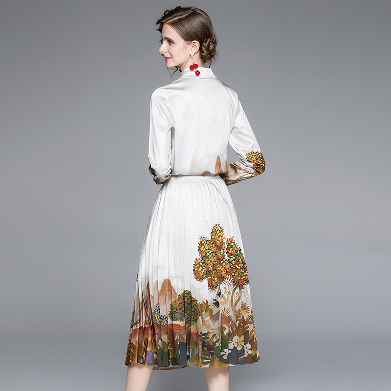 free shipping designer dresses Autumn light luxury fashion set high-end printed loose shirt pleated skirt two-piece set