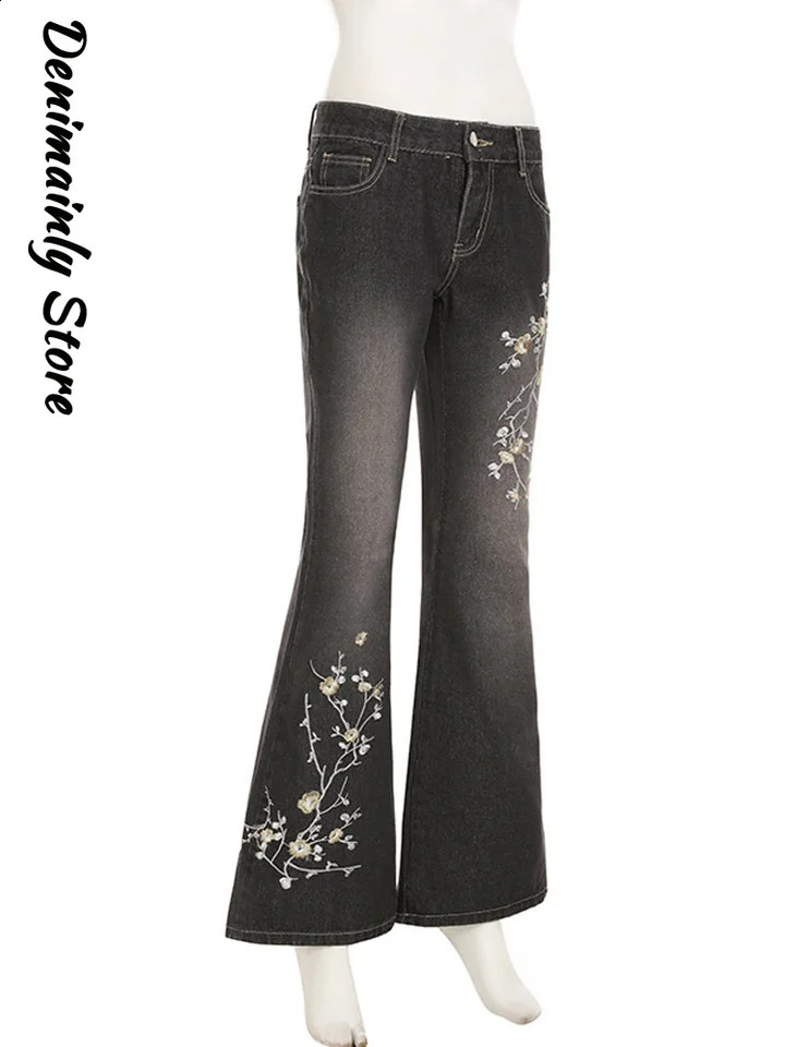 y Yk2 Denim Woman Pants Slim Low Waist Plum Blossom Micro Flared Trousers Chic High Street Womens Jeans Z260313