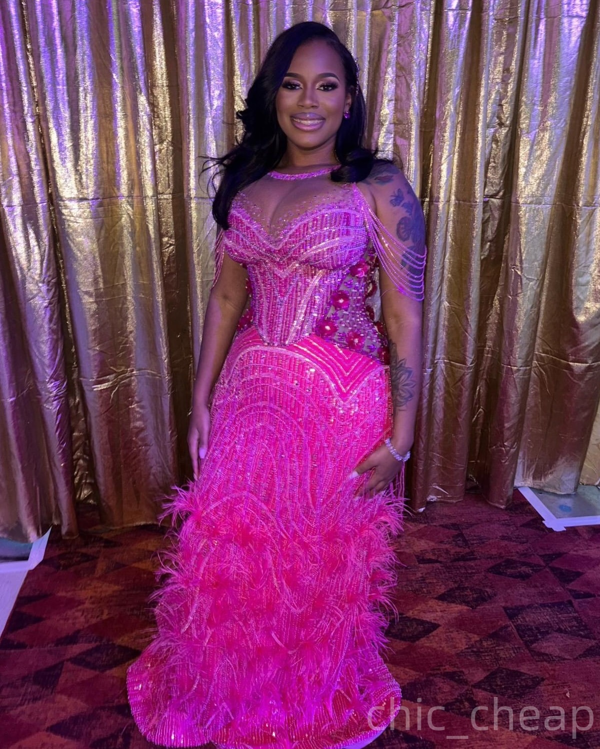 Mermaid Fuchsia Prom Dresses 2025 Beaded Flowers Feather Sparkly Evening Formal Party Second Birthday Engagement Gowns Plus Size Dress For Special Occ