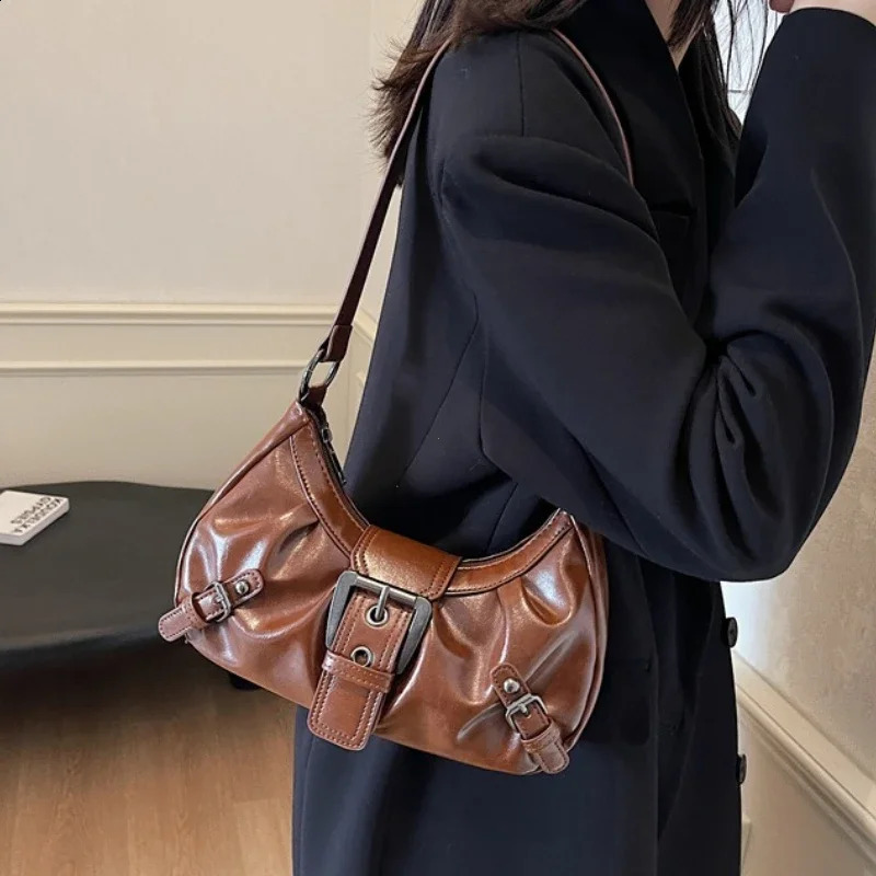 Vintage PU Leather Shoulder Bag for Women 2025 Y2K Spicy Girl Trend Maillard Style Underarm High Quality Handbags 250820
