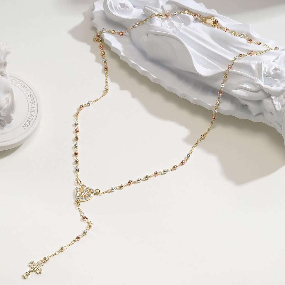 Women's Virgin Mary Necklace - 14k Plated Bead Cross Necklaces,Hypoallergenic Non Tarnish Gold Catholic Y Chain Necklace,Religious Rosary Beads C