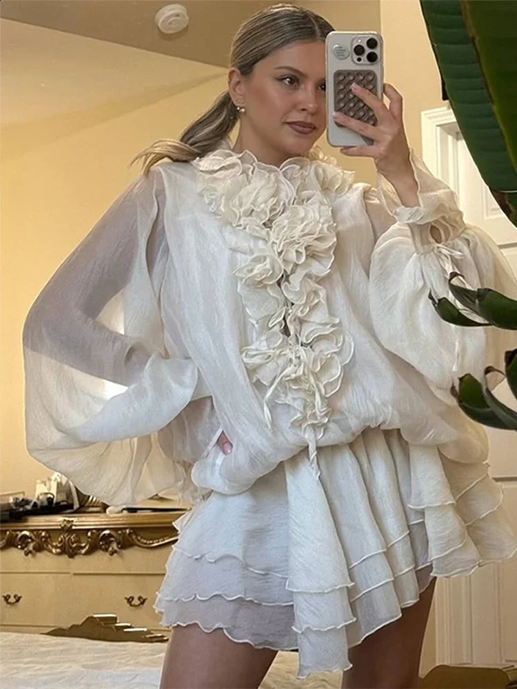 Elegant 3D Flower Ruffle Shirt Shorts Sets Women Lace Up Long Sleeve V-neck Top Elastic Waist Shorts Summer Chic Lady Suits 250823