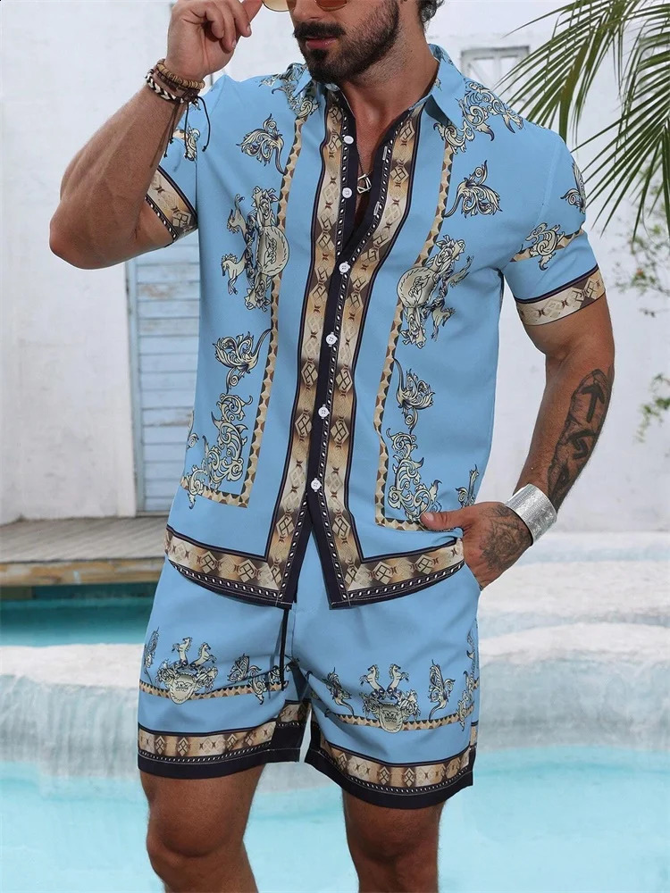 2025 Mens Shortsleeved Shirt Set With Blue Retro Pattern Print For Casual Fashionable And Daily Summer Vacation 250823