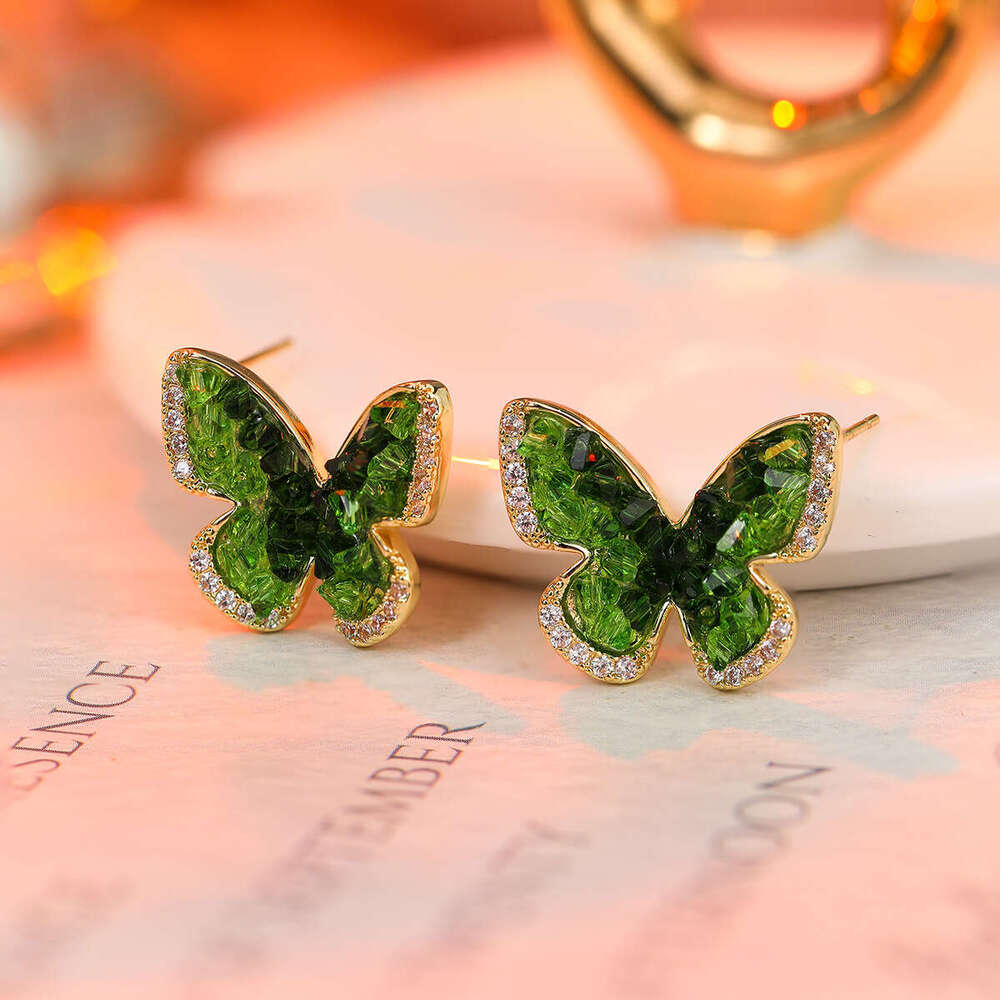 Green zircon butterfly earrings light niche simple women's versatile high beauty celebrity universal earrings butterfly necklace
