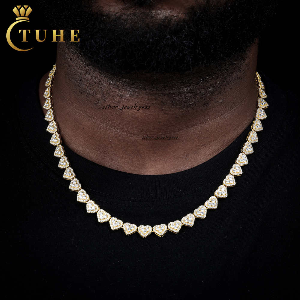 Luxury Party Jewelry 8MM Gold Plated 925 Sterling Silver VVS Moissanite Diamond Valentine Gifts Heart Tennis Chain Necklace