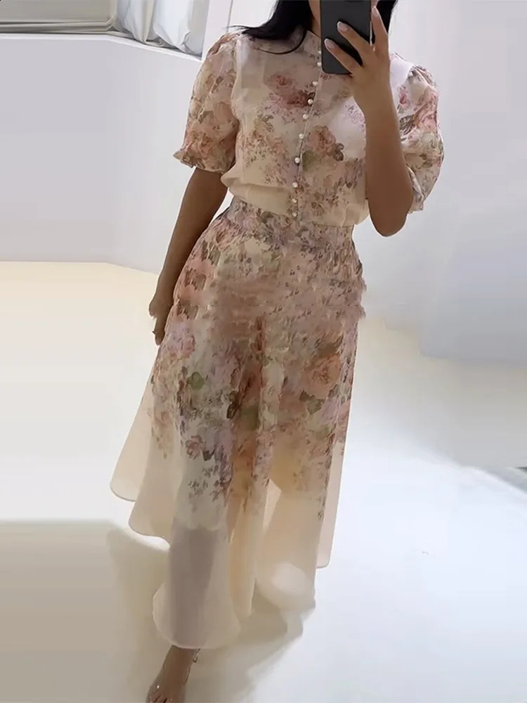 Lady 2025 Party Dress Vintage Floral Skirt Sets For Women Fashion Pearl Buttons Puff Short Sleeve Blouse Aline Long Skirts 250823