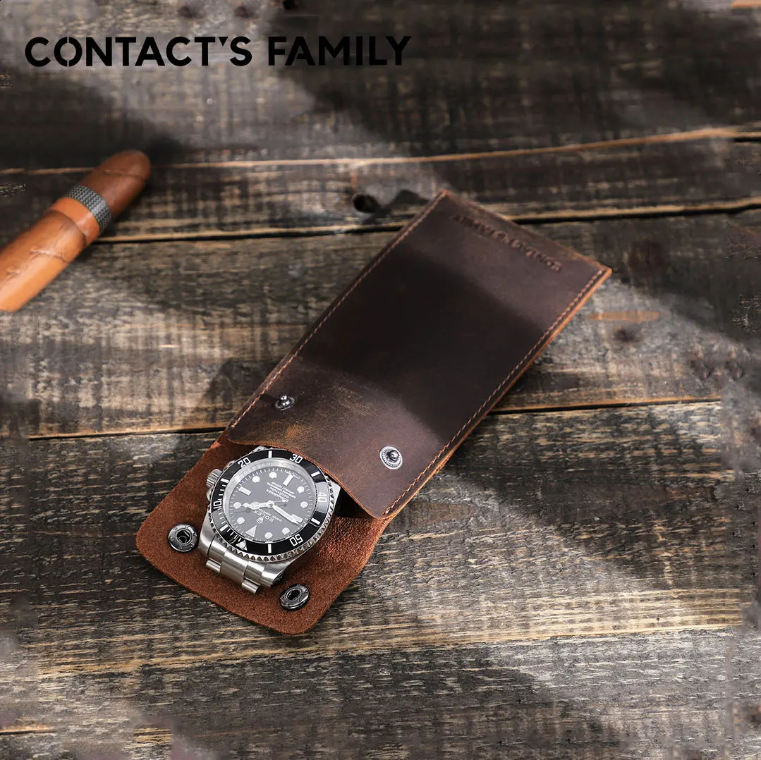 CONTACTS FAMILY Vintage Genuine Leather Watch Storage Organizer Protective Bag with Cover Travel Portable Leather Watch Pouch 250818