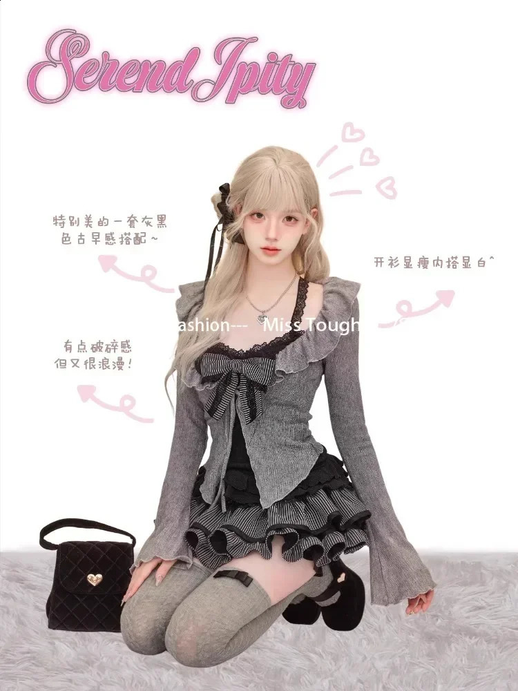 Sweet Lolita Vintage Suit Ruffles Cardigan Sexy Y2k Corset Vest Mini Skirts Autumn Korean Elegant 3 Piece Dress Sets 250823