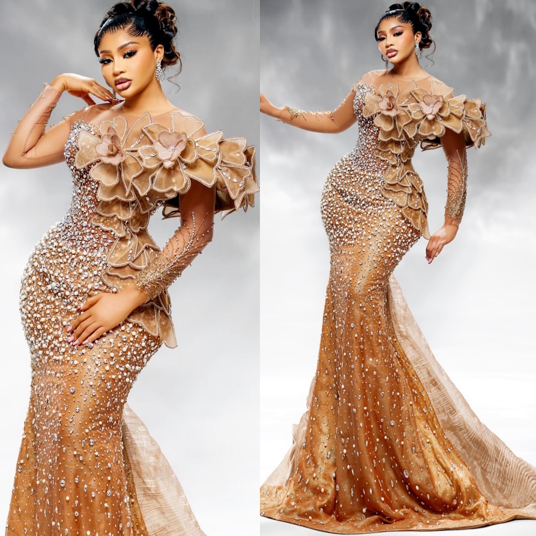 Mermaid Gold Prom Dresses 2025 Flowers Crystals Pearls Full Sleeves Evening Formal Party Second Birthday Engagement Gowns Plus Size Dress For Special Occasions