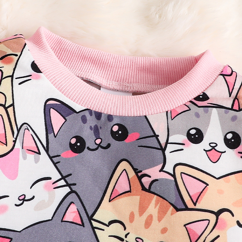 Kids Girls Trendy Cartoon Cat Graphic Long Sleeve hoodie with Matching Jeans Two-Piece Outfit for Fall/Spring - KJ1C4898A