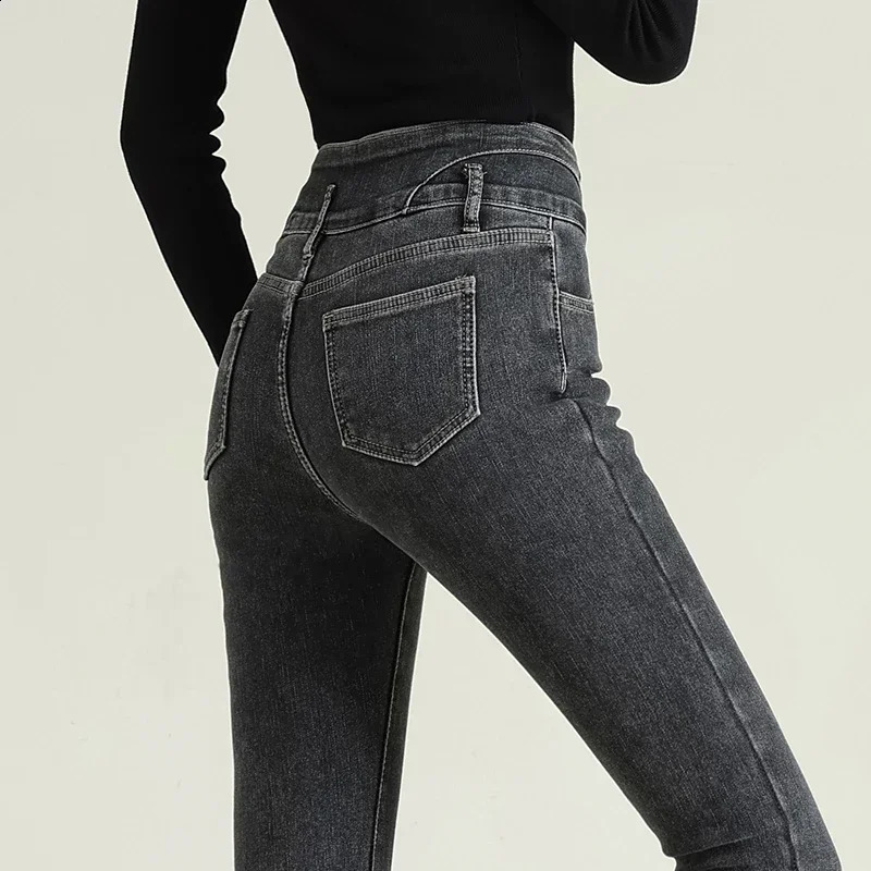 Womens High Waist Stretch Jeans Blue Black Gray Fashionable and Versatile Multibutton Slim Denim Long Pants Female Z260314