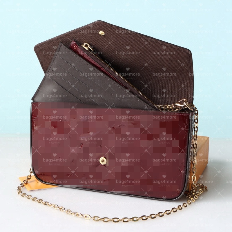 Glossy Leather Clutch for Women's Handbag Purses Sold with box Packaging with Gold Chain 3 in 1