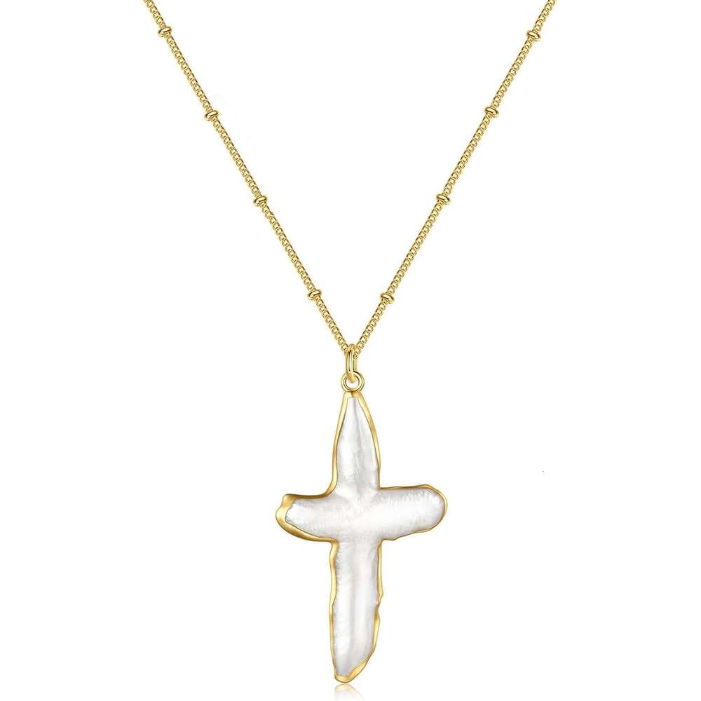 Freshwater Natural Chunky Baroque Pearl Necklaces Big Gold Necklace Sideways Cross Christian Gifts for Women Men Trendy Jewelry
