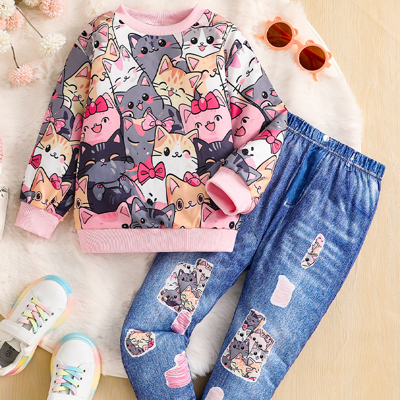 Kids Girls Trendy Cartoon Cat Graphic Long Sleeve hoodie with Matching Jeans Two-Piece Outfit for Fall/Spring - KJ1C4898A