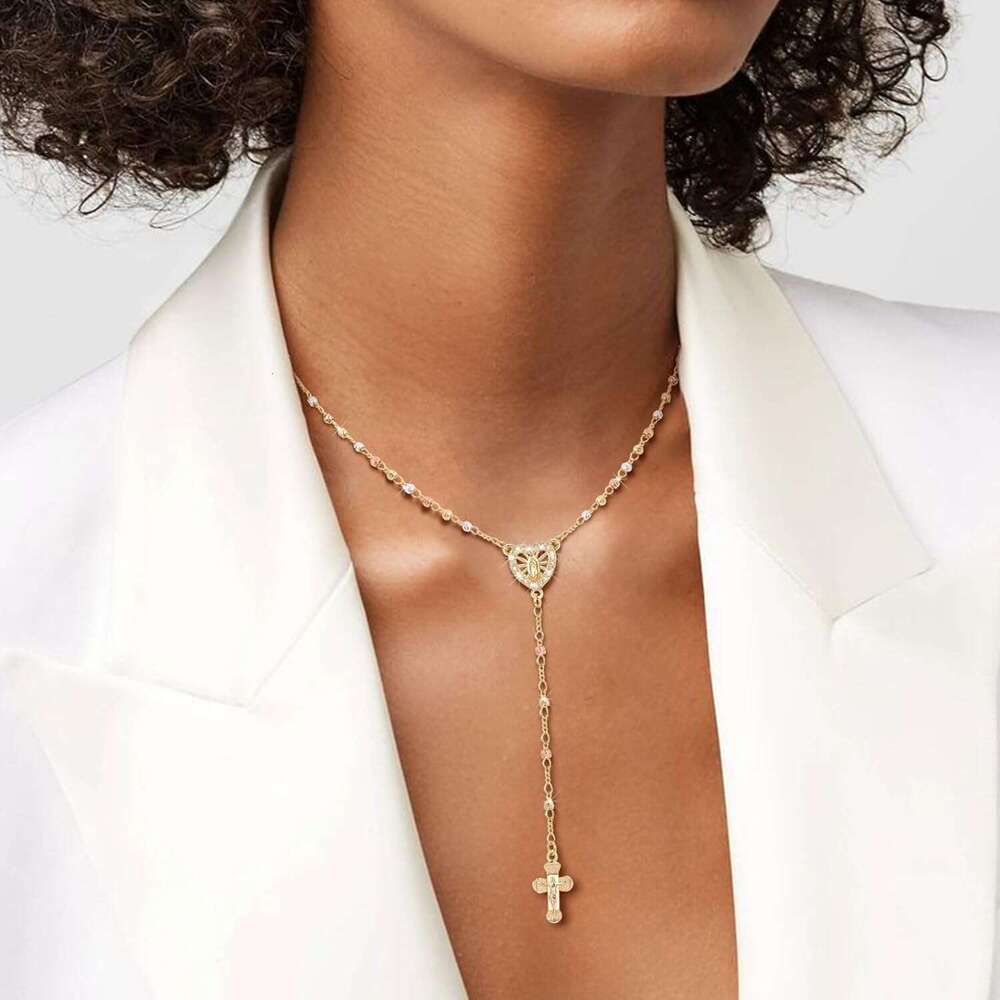 Women's Virgin Mary Necklace - 14k Plated Bead Cross Necklaces,Hypoallergenic Non Tarnish Gold Catholic Y Chain Necklace,Religious Rosary Beads C