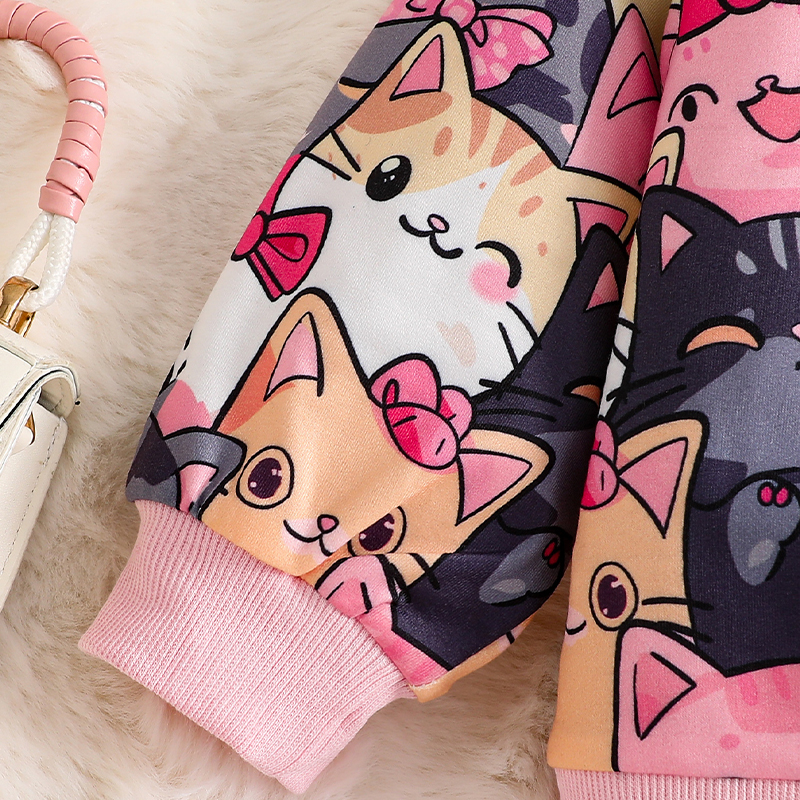 Kids Girls Trendy Cartoon Cat Graphic Long Sleeve hoodie with Matching Jeans Two-Piece Outfit for Fall/Spring - KJ1C4898A