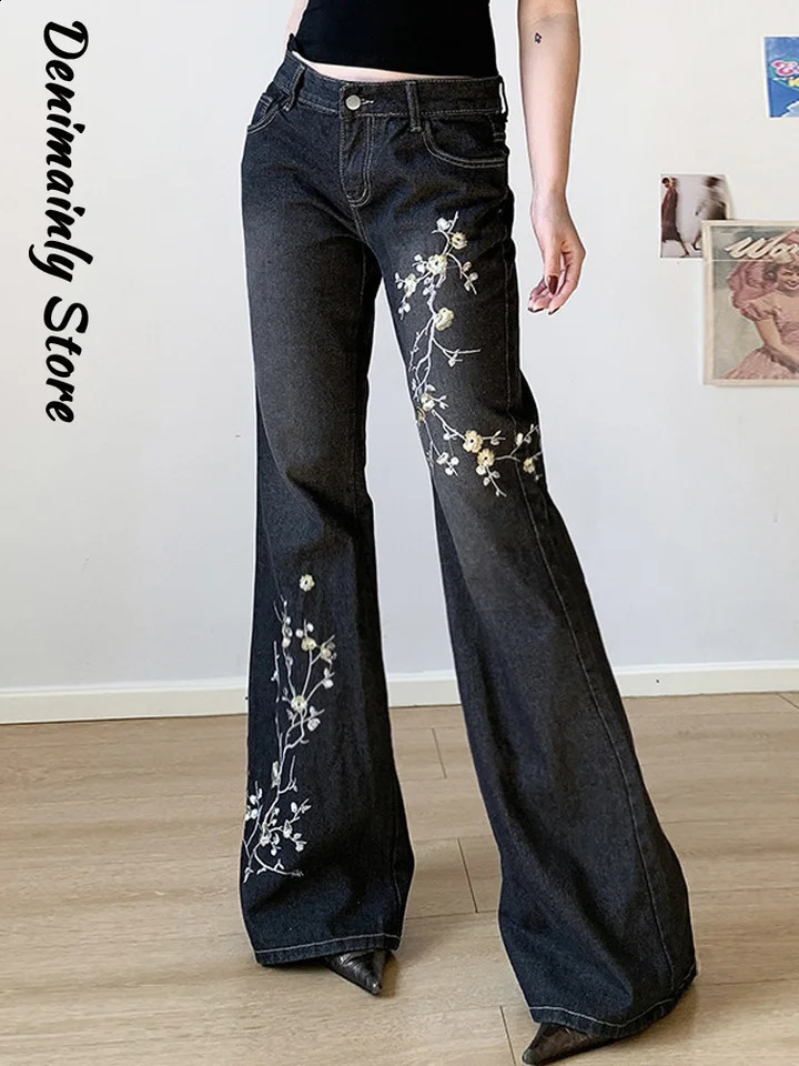 y Yk2 Denim Woman Pants Slim Low Waist Plum Blossom Micro Flared Trousers Chic High Street Womens Jeans Z260313